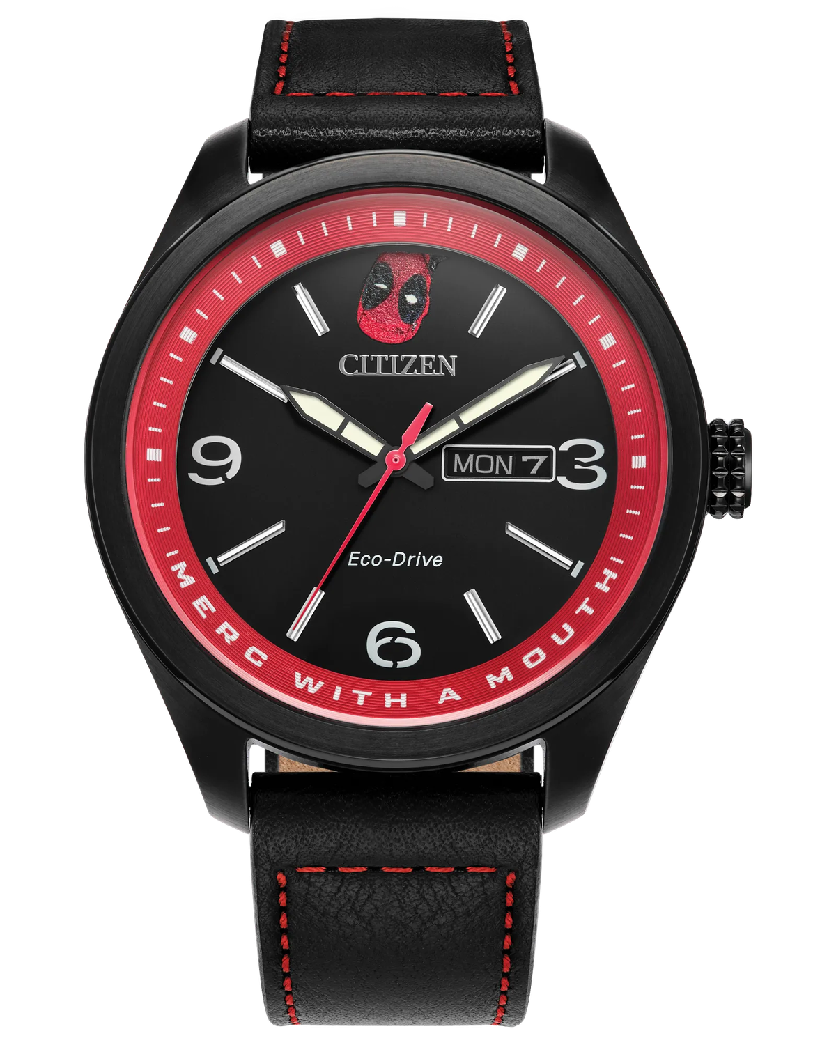Citizen Marvel ‘Here Comes Deadpool’ AW0145-02W 42 mm men&#39;s solar watch – 100 m, black leather strap, Eco-Drive movement (powered by solar energy or light)