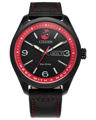 Citizen Marvel ‘Here Comes Deadpool’ AW0145-02W 42 mm men's solar watch – 100 m, black leather strap, Eco-Drive movement (powered by solar energy or light) Citizen Marvel ‘Here Comes Deadpool’ AW0145-02W 42 mm men's solar watch – 100 m, black leather strap, Eco-Drive movement (powered by solar energy or light)