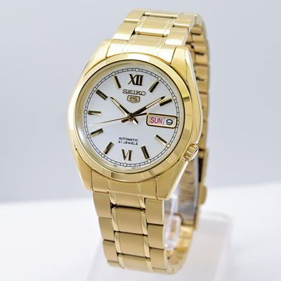 Men’s automatic watch Seiko 5 SNKL58K1 38 mm – Hardlex, 30 m, gold-tone stainless steel bracelet