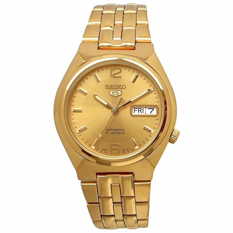 Men’s automatic watch Seiko 5 SNKL64K1 37mm – 30 m, gold stainless steel bracelet