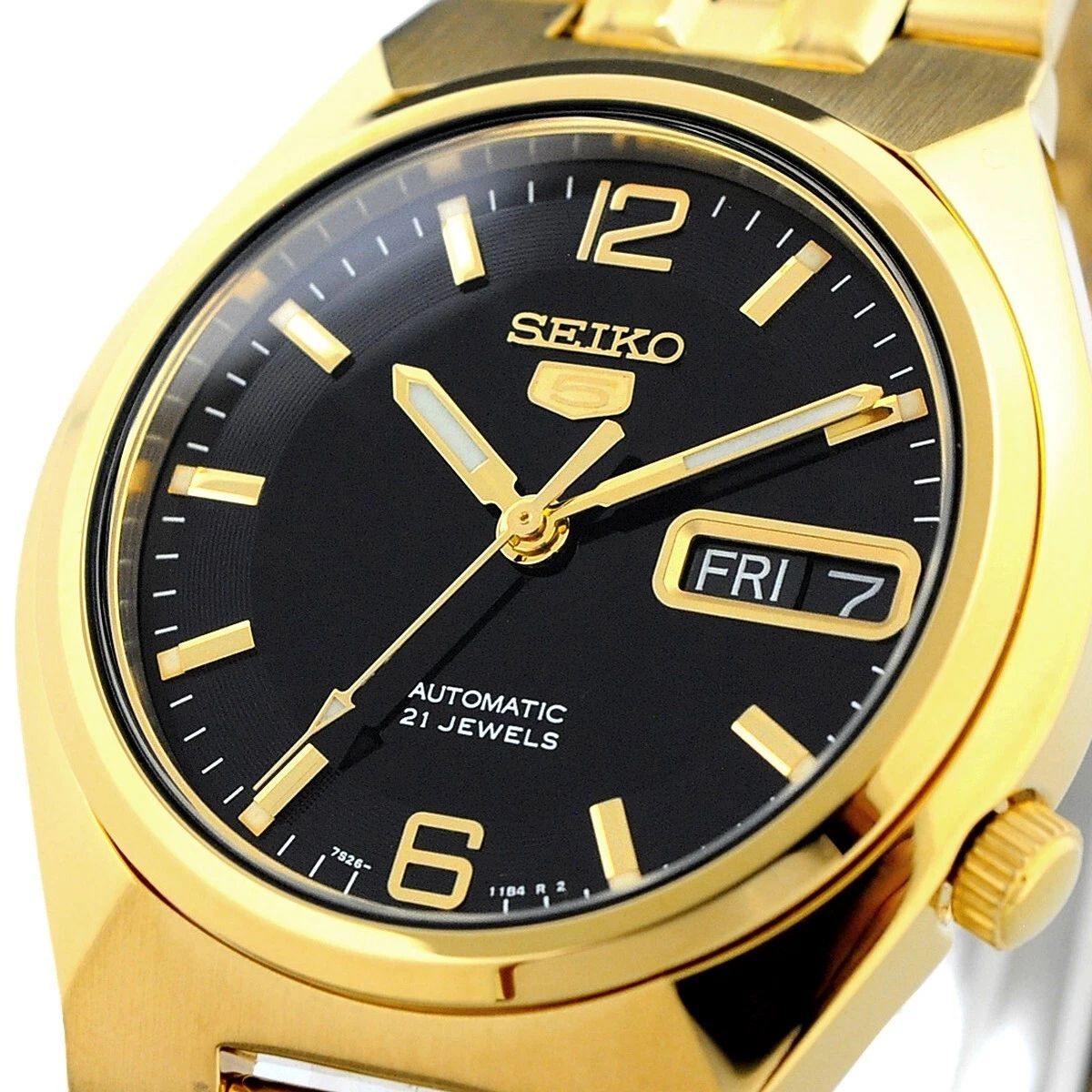 Men’s automatic Seiko 5 SNKL66K1 38 mm – Hardlex, 30 m, gold-tone steel bracelet