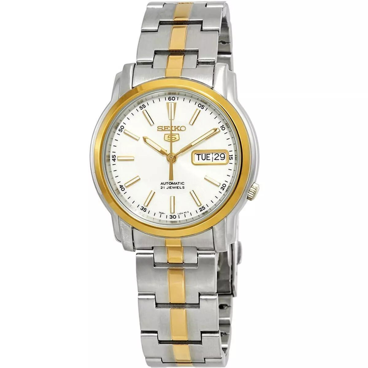 Men’s automatic Seiko 5 SNKL84K1 38 mm – Hardlex, 30 m, two-tone steel bracelet