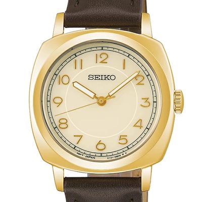Seiko Selection Solar The Steady Gold Watch STPX104 JDM 30.2mm for Women – Gold, Beige Dial, and Brown Leather JDM (Japanese Domestic Market)