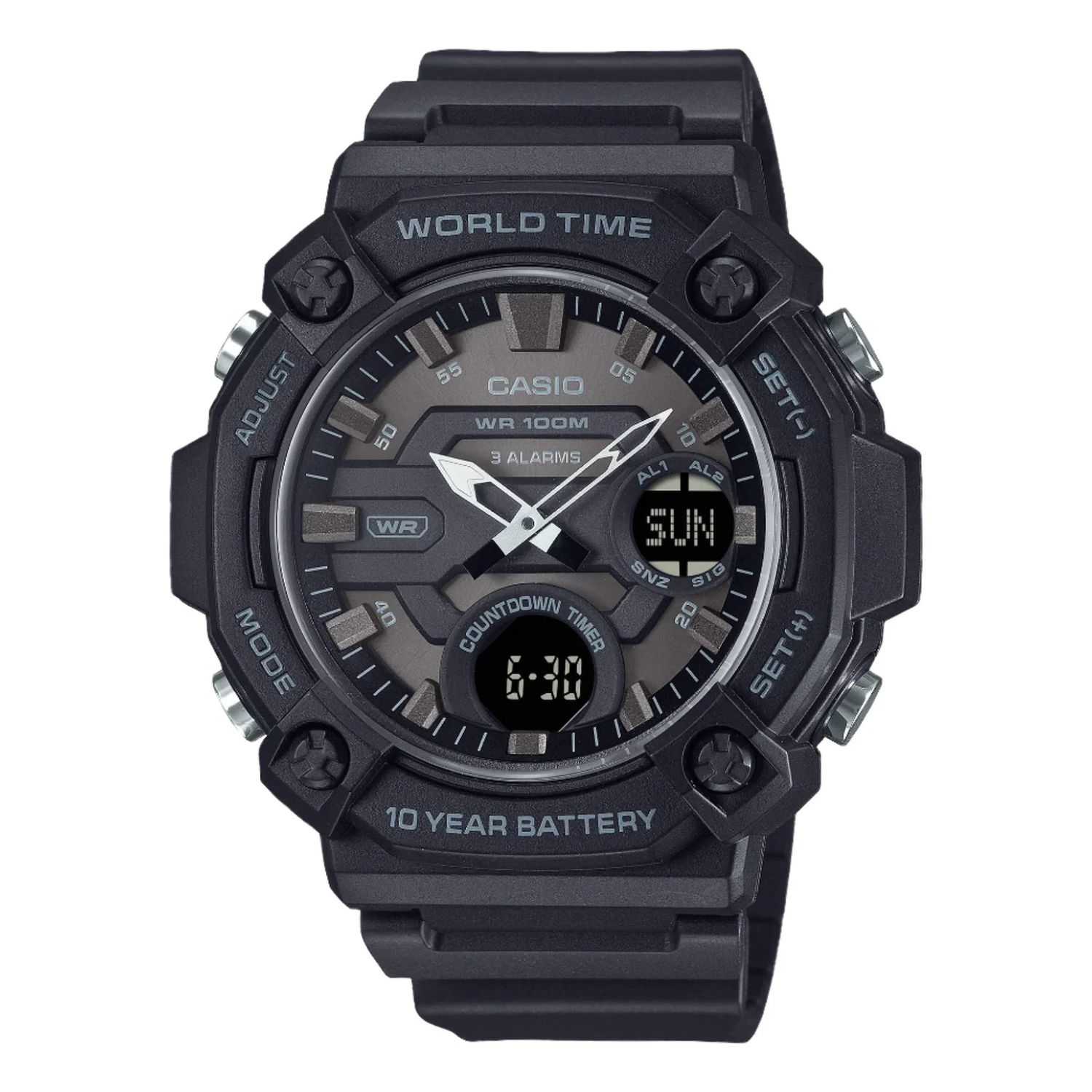 Casio AEQ-120W-1B men's sports watch 53.3 × 52.2 × 16.8 mm 100m WR World Time 10-year battery 3 alarms