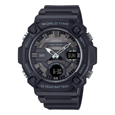 Casio AEQ-120W-1B men's sports watch 53.3 × 52.2 × 16.8 mm 100m WR World Time 10-year battery 3 alarms