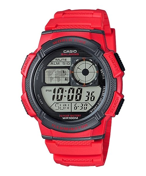 Reloj hombre Casio digital AE-1000W-4AV correa roja - 10 años batería - luz led 5 alarmas
