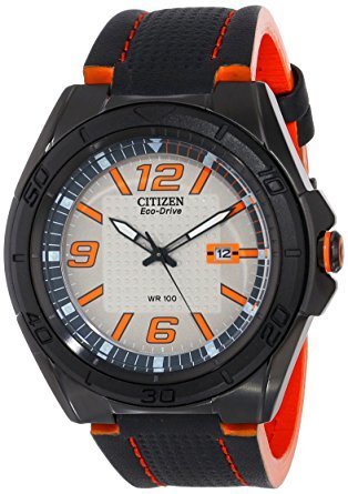 Reloj hombre Citizen Eco-Drive Men's AW1385-03H BRT Orange Accents Black Leather Strap Watch energía solar