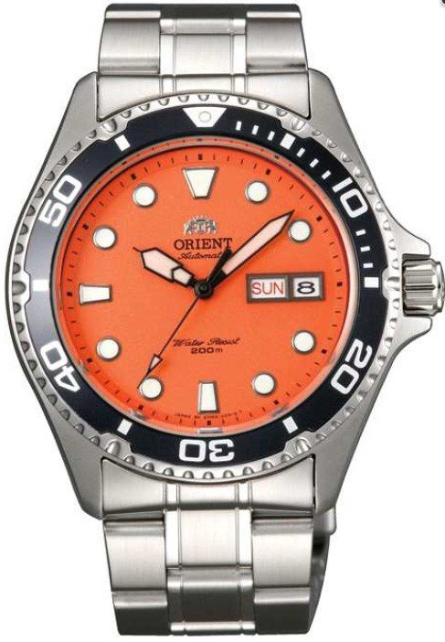 Reloj de buceo hombre automático Orient Diver Ray Raven II FAA02006M buceo dial naranja 41.5mm 200m Water resist correa acero FAA02006M9