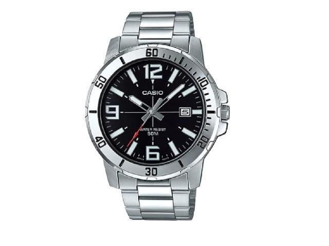 reloj deportivo hombre Casio MTP-VD01D-1B dial negro 45mm correa de acero hebilla triple pliegue resistencia al agua 50m