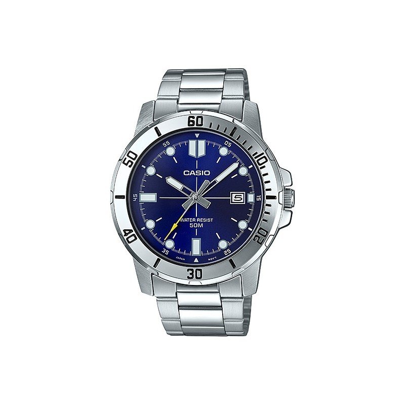 reloj deportivo hombre Casio MTP-VD01D-2E dial AZUL 45mm correa de acero hebilla triple pliegue resistencia al agua 50m