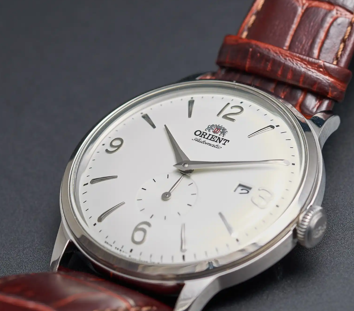 Orient RA-AP0002S automatic men's watch silver dial brown leather strap