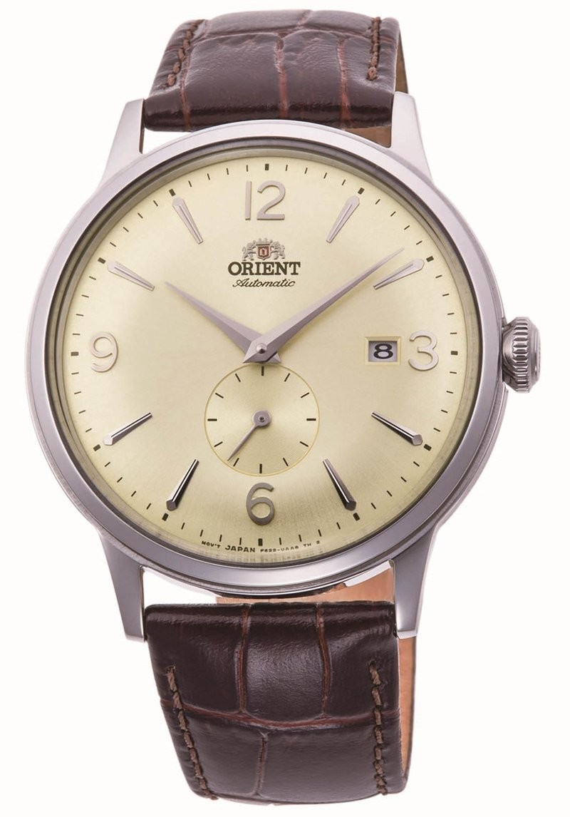 Orient Bambino Small Seconds automatic men's watch RA-AP0003S beige dial 40.5mm leather strap
