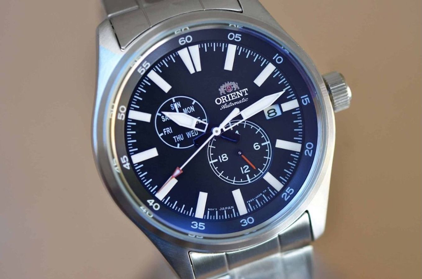 Orient Defender RA-AK0401L Automatic Military Watch for Men, 42.4 mm, blue dial, steel strap