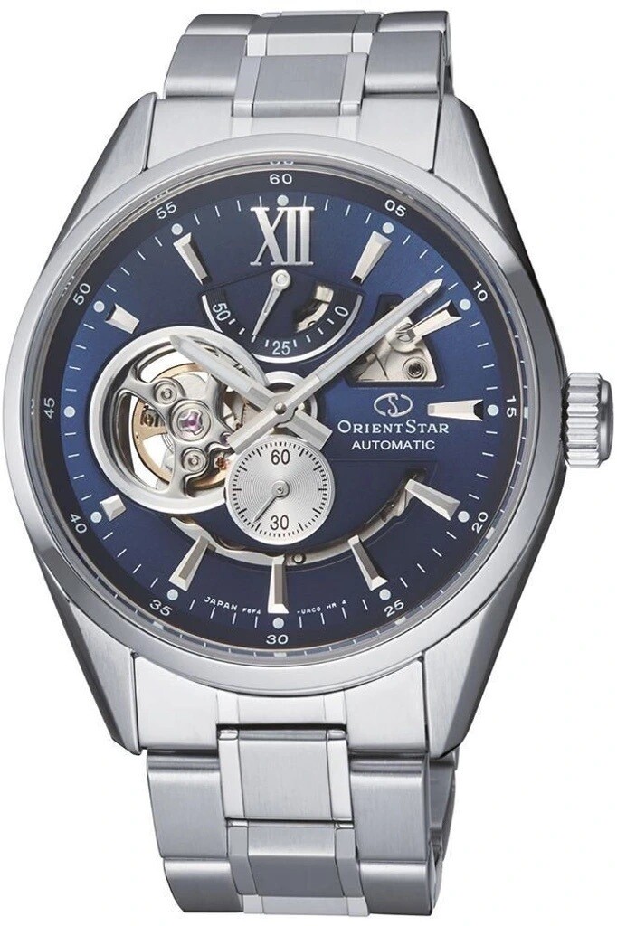 Orient Star RE-AV0003L Contemporary 50h Power Reserve automatic men's watch blue dial stainless steel bracelet sapphire glass anti-reflective coating glass