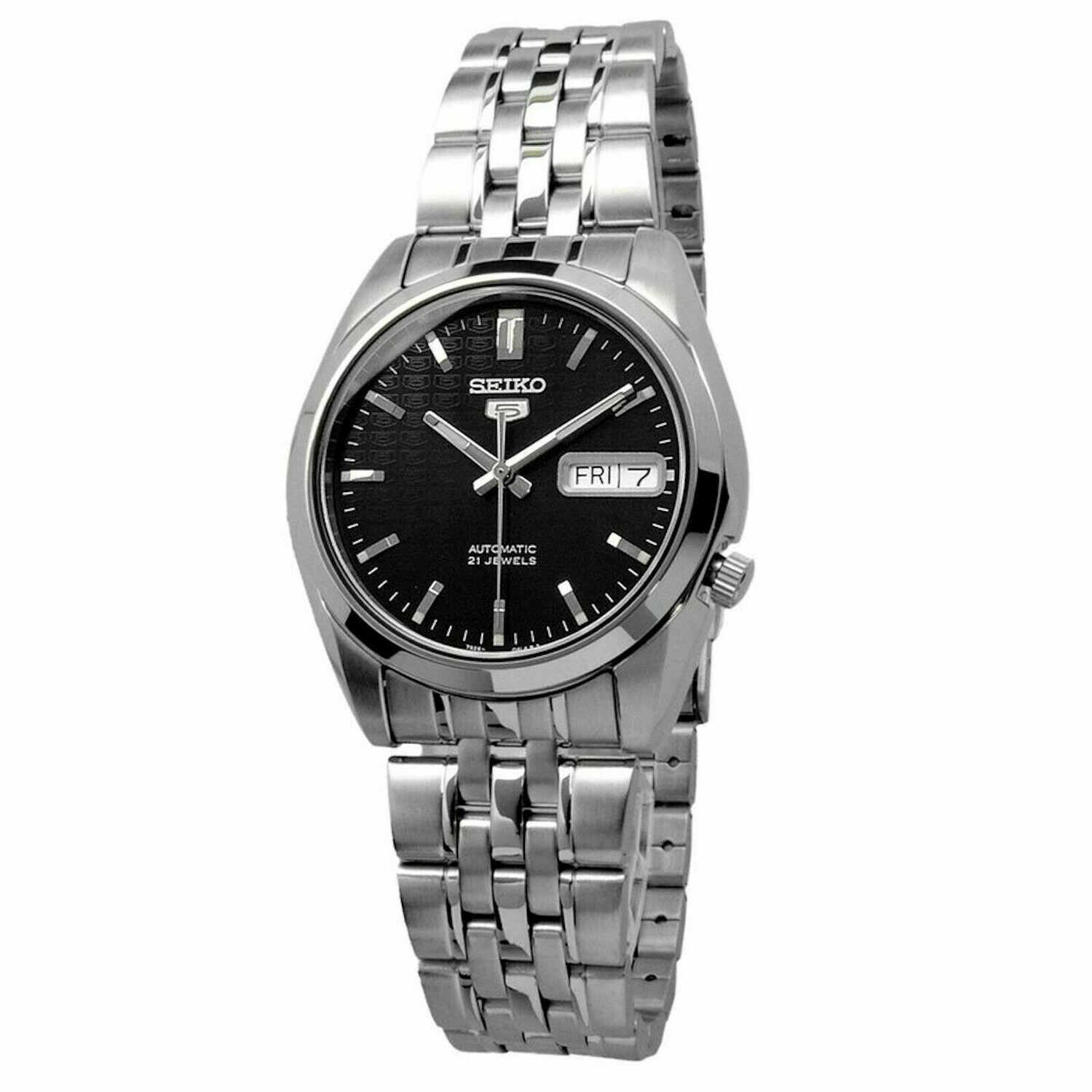 Seiko 5 SNK361K1 men's automatic watch, black dial, steel strap, 37mm diameter