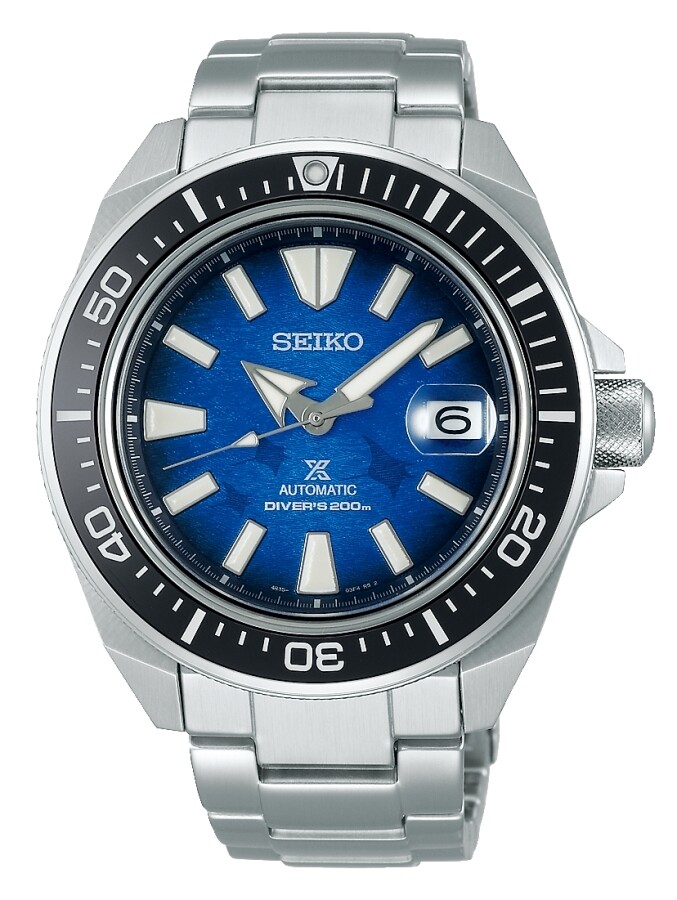 Seiko Prospex SRPE33K1 Samurai Manta Ray Save the Ocean automatic men's watch Divers blue dial 43.8mm Sapphire glass stainless steel bracelet Lumibrite 200m Water Resist