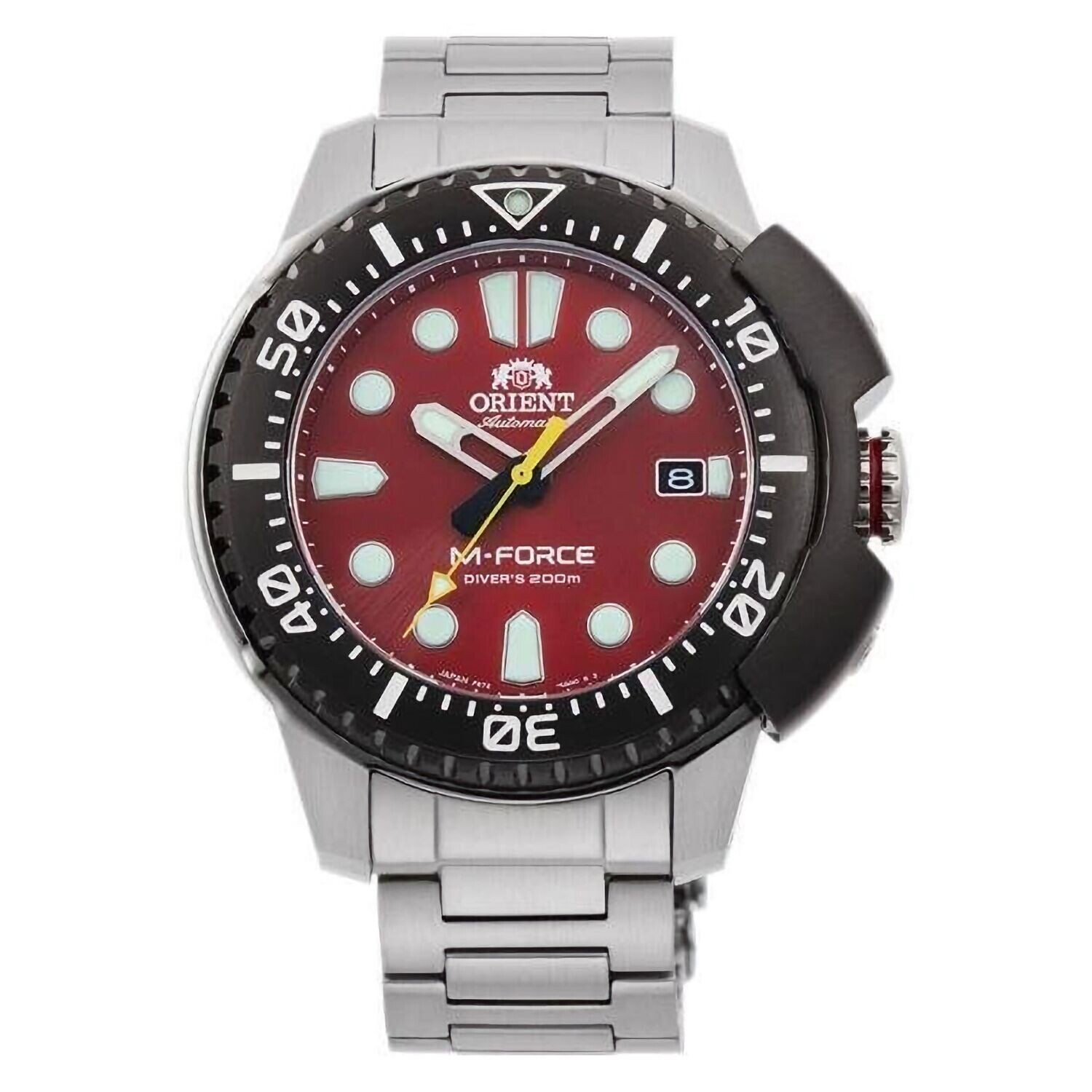 Orient M-Force RA-AC0L02R automatic divers men's watch red dial 45mm stainless steel bracelet 200m water resist