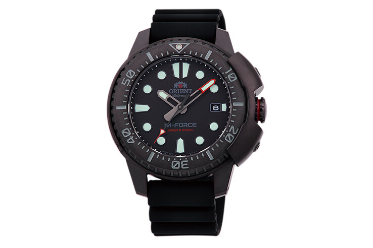 Orient M-Force RA-AC0L03B automatic men's watch divers ion-plated black dial 45mm rubber band 200m water resist