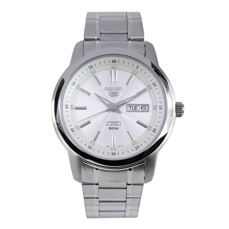 Seiko 5 SNKM83K1 automatic men's watch white dial 43mm stainless steel bracelet 50m water resist