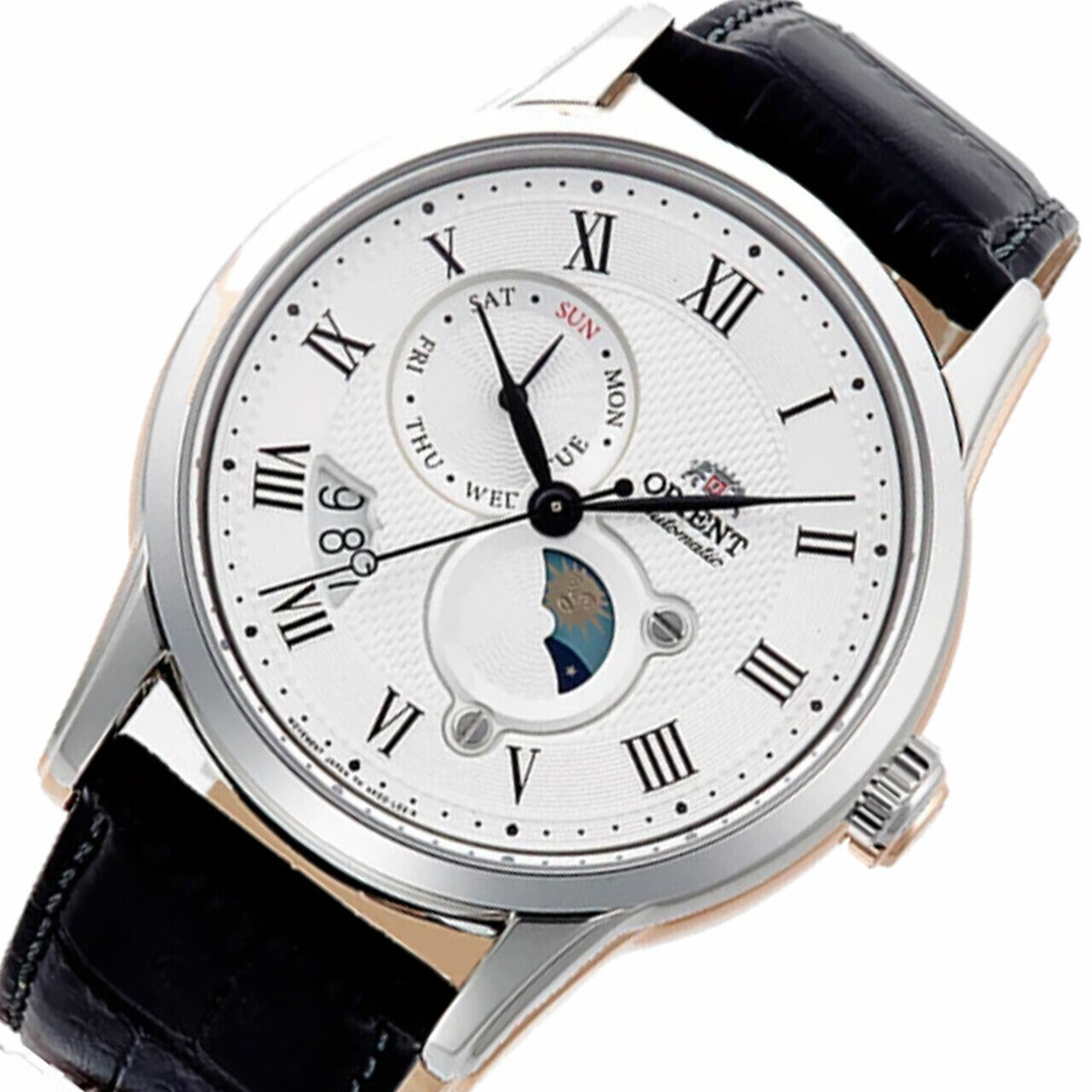 Orient Sun &amp; Moon RA-AK0008S automatic men's watch white dial 42.5mm Sapphire glass leather band Hand-hacking Self-winding leather band 50m water resist