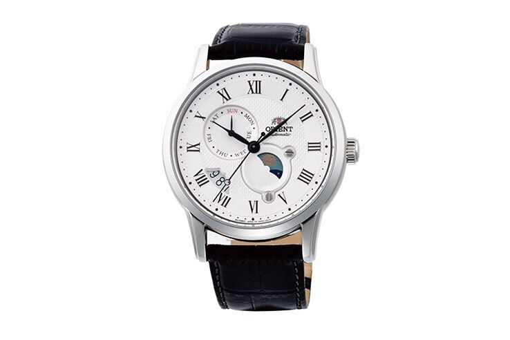 Orient Sun &amp; Moon RA-AK0008S automatic men's watch white dial 42.5mm Sapphire glass leather band Hand-hacking Self-winding leather band 50m water resist