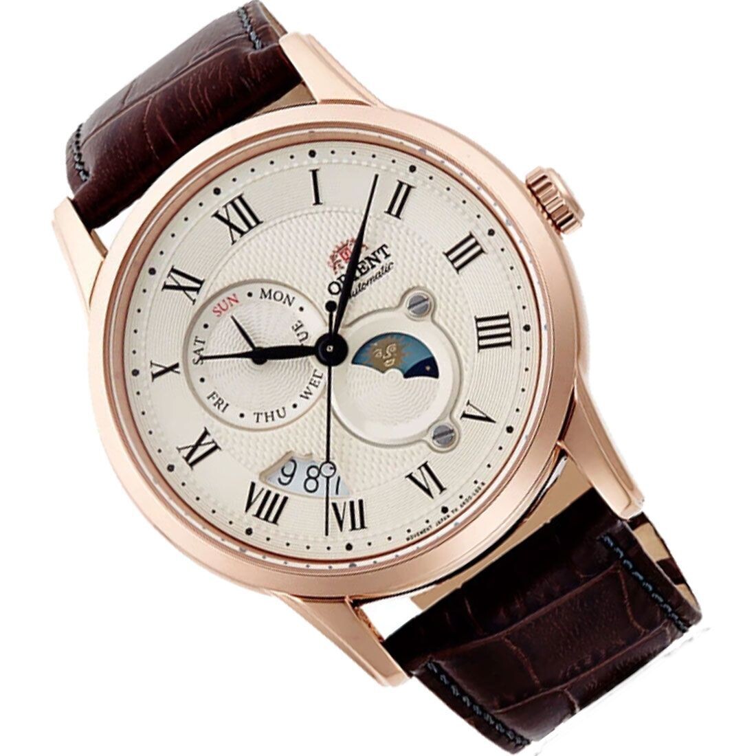 Orient Sun &amp; Moon RA-AK0007S version 3 automatic men’s watch champagne dial 42.5mm Sapphire glass leather band 50m water resist Power Reserve 40h