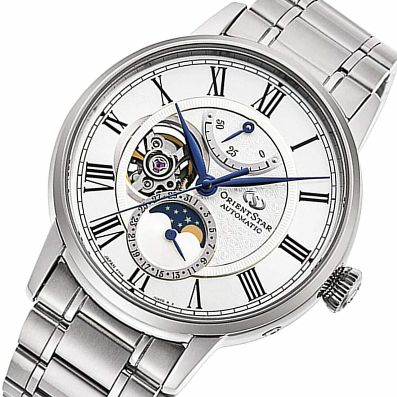 Orient Star RE-AY0102S automatic men's watch Moon Phase Sapphire glass Super Anti-Reflective Glass Coating 50-Hour Power Reserve Indicator Hand Winding 50m water resist