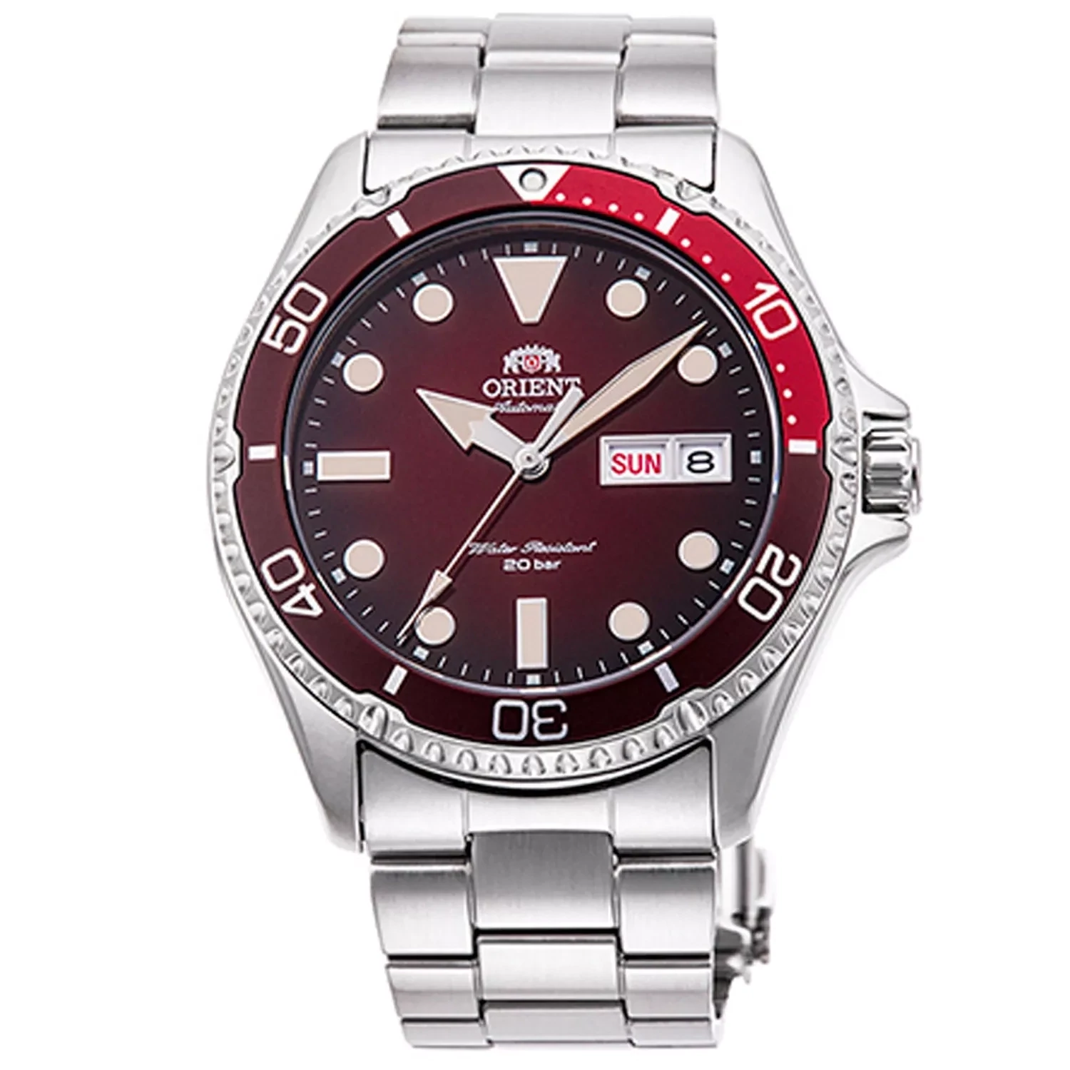 Orient Kamasu RA-AA0814R automatic divers men's watch red dial 41.8mm Sapphire glass 200m water resist stainless steel bracelet