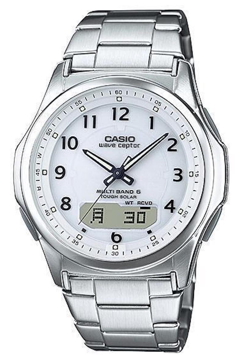 Casio WaveCeptor WVA-M630D-7AJF JDM Radiocontrol Solar Powered men's watch 42.1mm white dial 50m water resist stainless steel bracelet Japan Domestic Market Casio Collectors / lovers