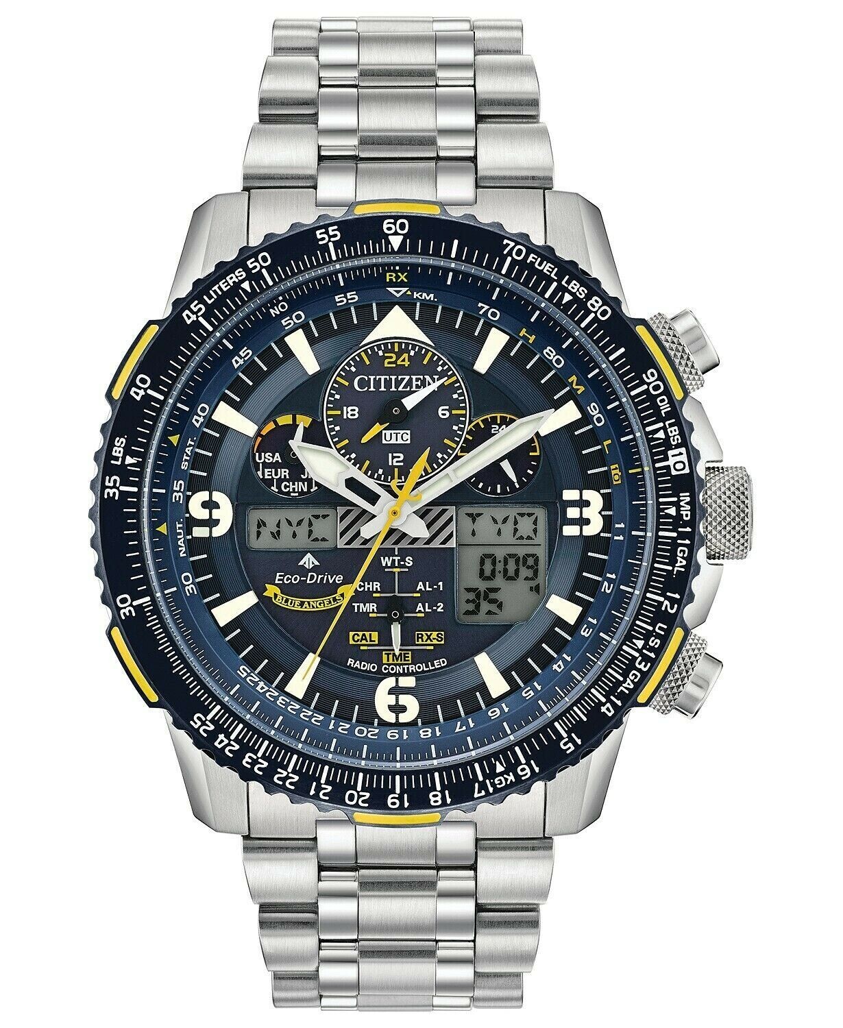 Reloj Aviador Radiocontrol Citizen Skyhawk Blue Angels A-T JY8078-52L 45MM Cristal de zafiro Alarma Hora Mundial