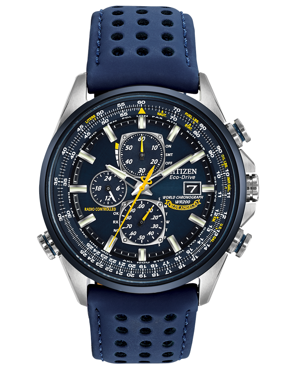 Radiocontrol Citizen Promaster Blue Angels AT8020-03L 43mm blue dial Sapphire glass anti-reflective 200m Water Resist leather band World Chronograph