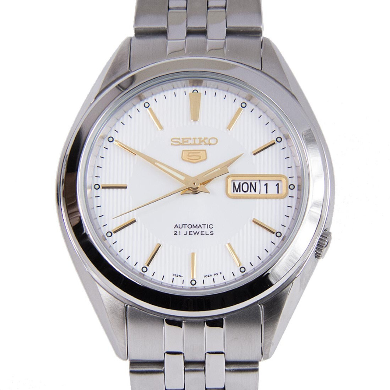 Seiko 5 SNKL17K1 automatic men's watch white silver dial 37mm stainless steel bracelet 30m WR