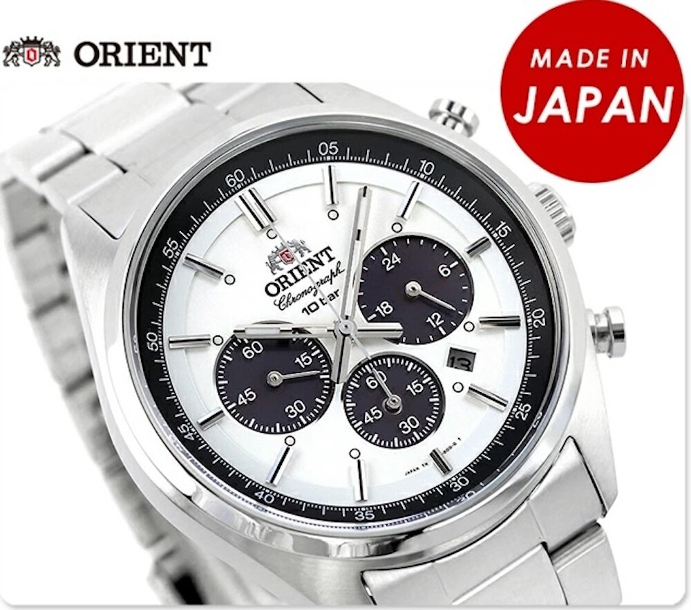 Orient Japan Edition Neo 70's Solar Chronograph Panda WV0041TX Made In Japan Milky White JDM (Japan Domestic Market) 100m Water Resist stainless steel bracelet Solar Powered Chronograph sport men’s watch Japan Edition