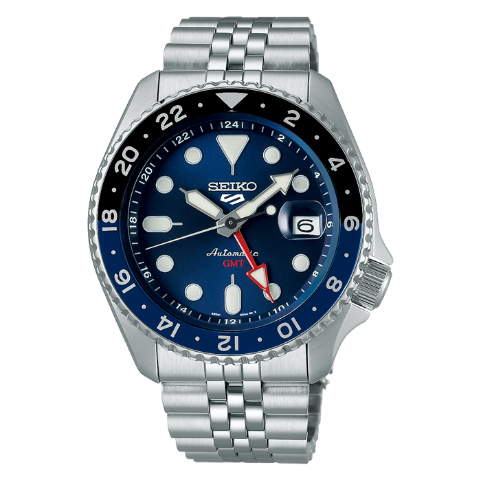 Seiko 5 Sports GMT SSK003K1 Blueberry automatic divers men's watch blue dial 42.5mm Hardlex with magnifying glass 100m water resist Lumibrite stainless steel bracelet SKX Style