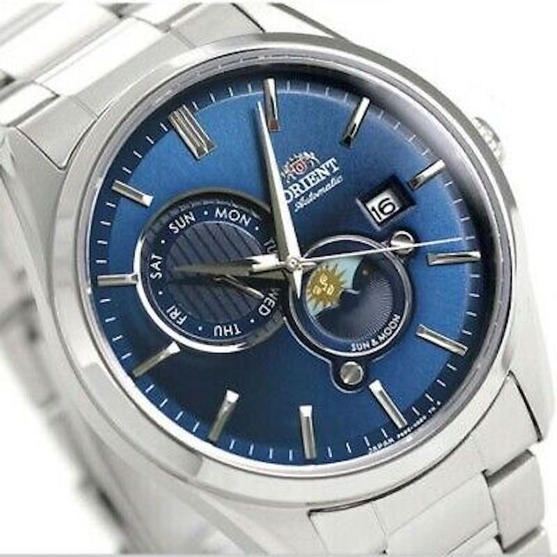 Orient Contemporary RN-AK0303L Sun &amp; Moon 41.5mm 50m WR sapphire crystal stainless steel bracelet automatic men’s watch