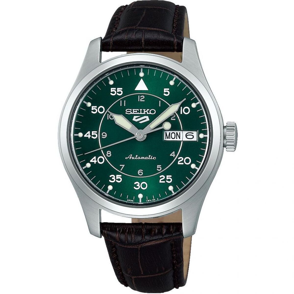 Seiko 5 Sports SRPJ89K1 'Kelly Green Flieger' 36.4mm 100M WR Mid-Field automatic men’s watch leather band seiko
