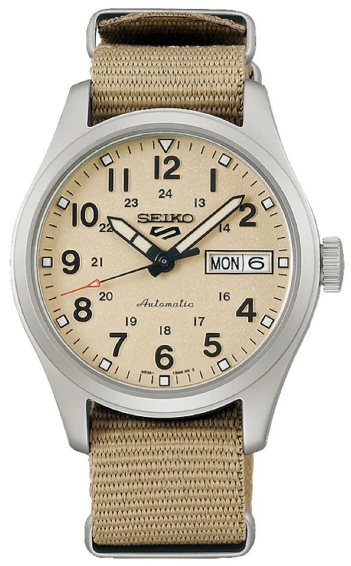 Seiko 5 Sports SRPJ83K1 Sports Desert Kit Midfield Sports Style 36.4mm 100m WR automatic men’s watch nylon band