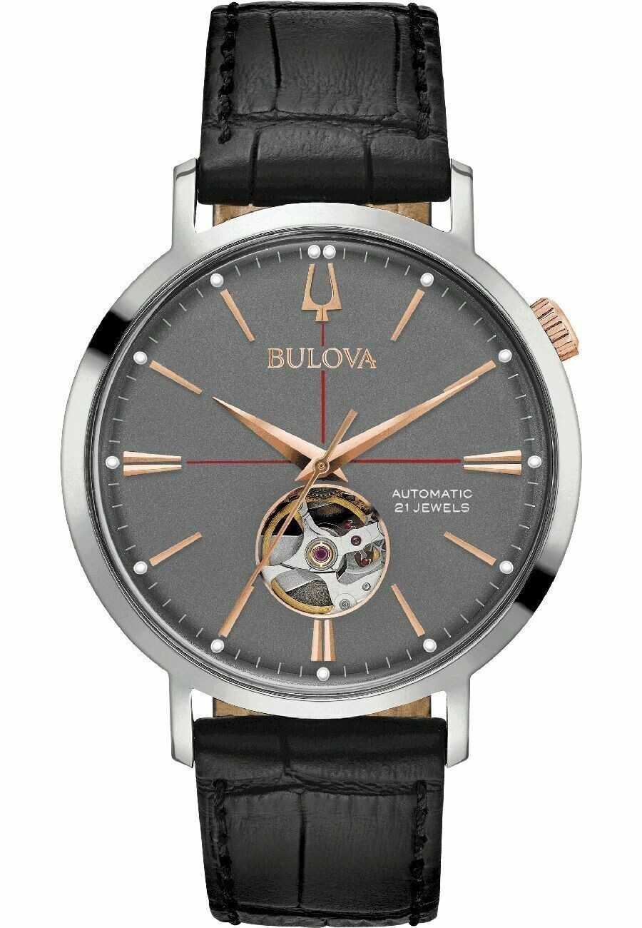 Bulova Aerojet 98A187 41mm grey dial automatic men’s watch leather band 30m Water resist