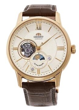 Orient Sun Moon RA-AS0010S 42mm sapphire crystal 50m WR leather band automatic men’s watch