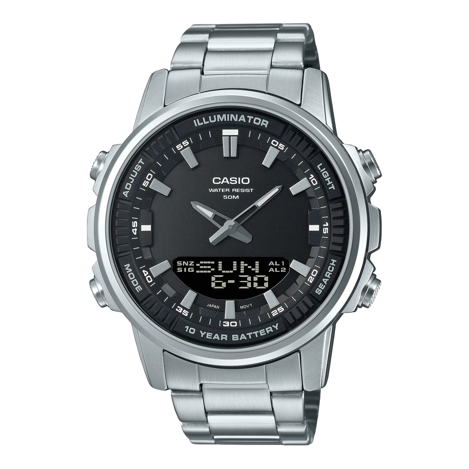 Casio  AMW-880D-1AV 50m WR World Time 10 year battery 3 daily alarms stainless steel bracelet men’s watch analog-digital