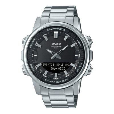 Casio  AMW-880D-1AV 50m WR World Time 10 year battery 3 daily alarms stainless steel bracelet men’s watch analog-digital
