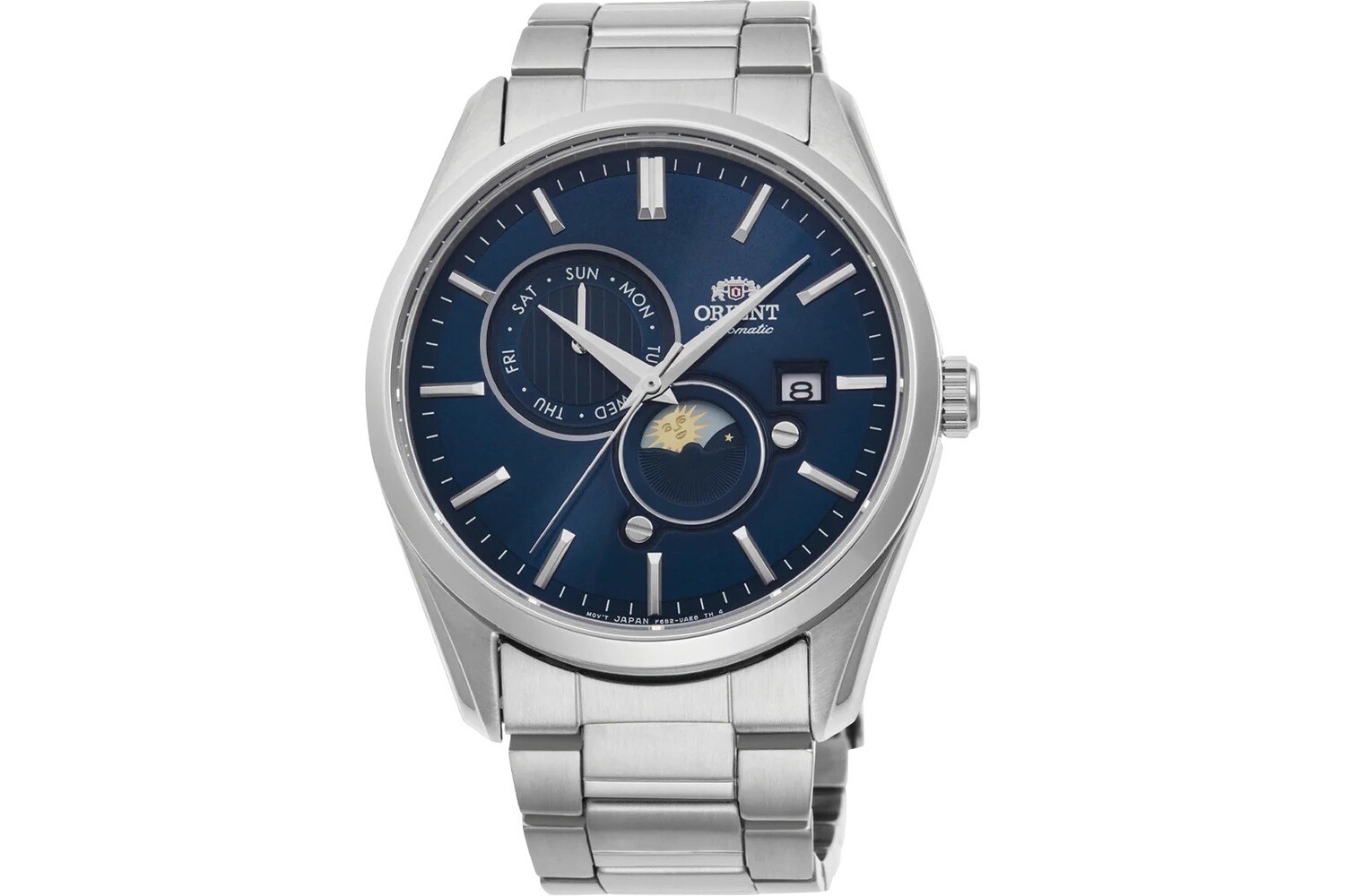 Orient Sun &amp; Moon RA-AK0308L 41.5mm 50m WR sapphire crystal automatic men’s watch stainless steel bracelet