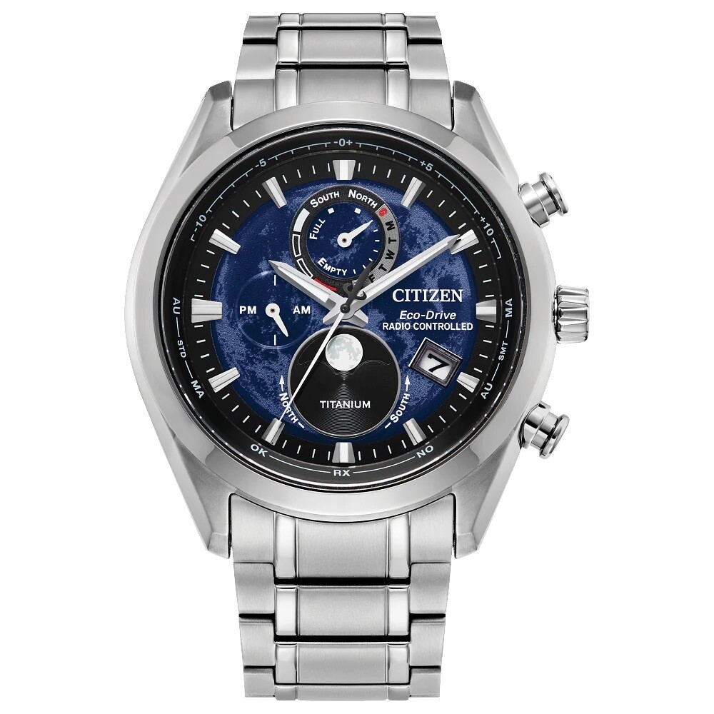 Citizen Tsuki-yomi Eco-Drive  BY1010-57L 43mm Sport Luxury Super Titanium™ Radio Controlled Chrono Watch with blue Dial 100m WR sapphire crystal Eco-drive movement (solar or light powered)