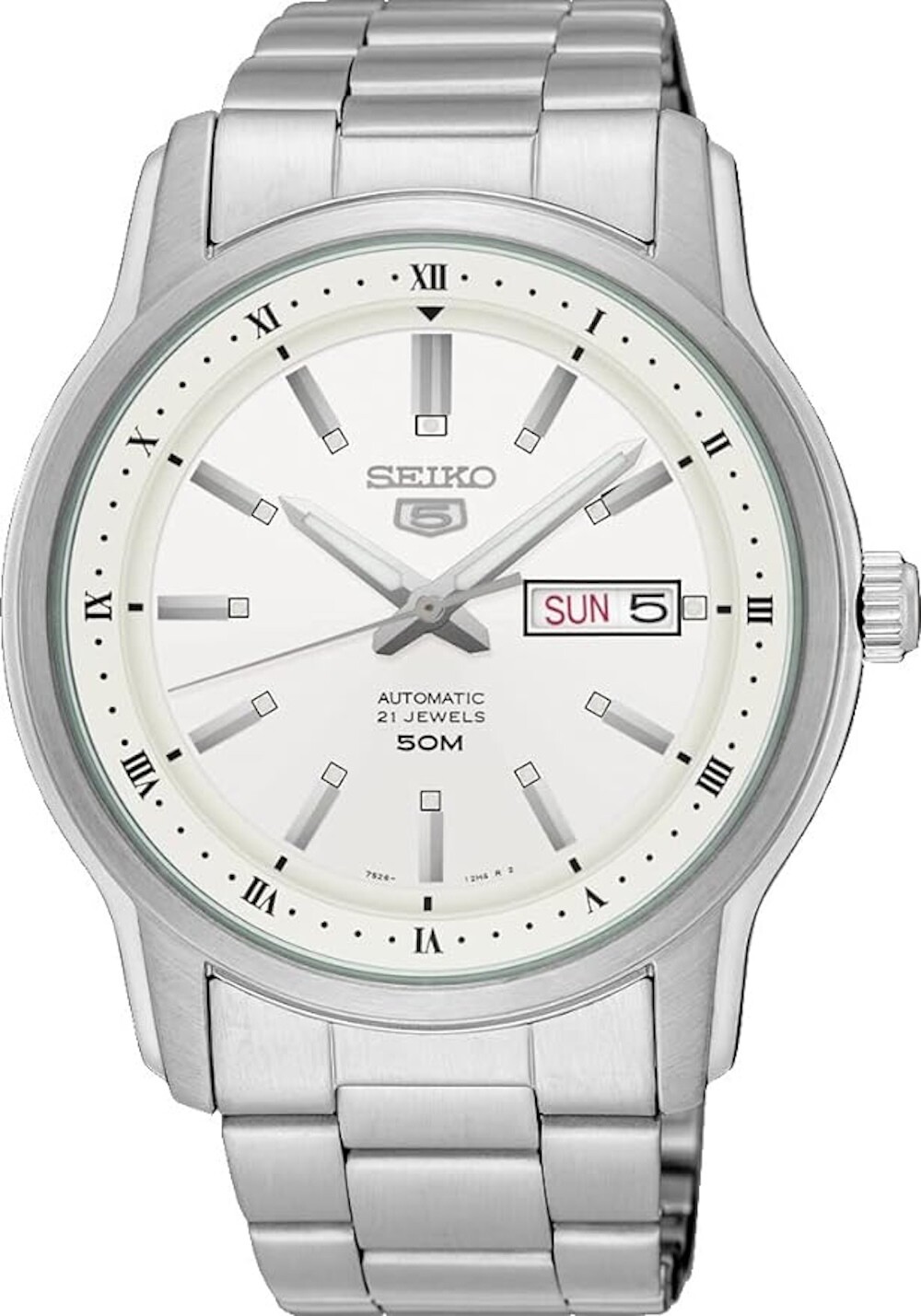 automatic men's watch Seiko 5 SNKP09K1 42mm 50m WR steel strap 7S26
