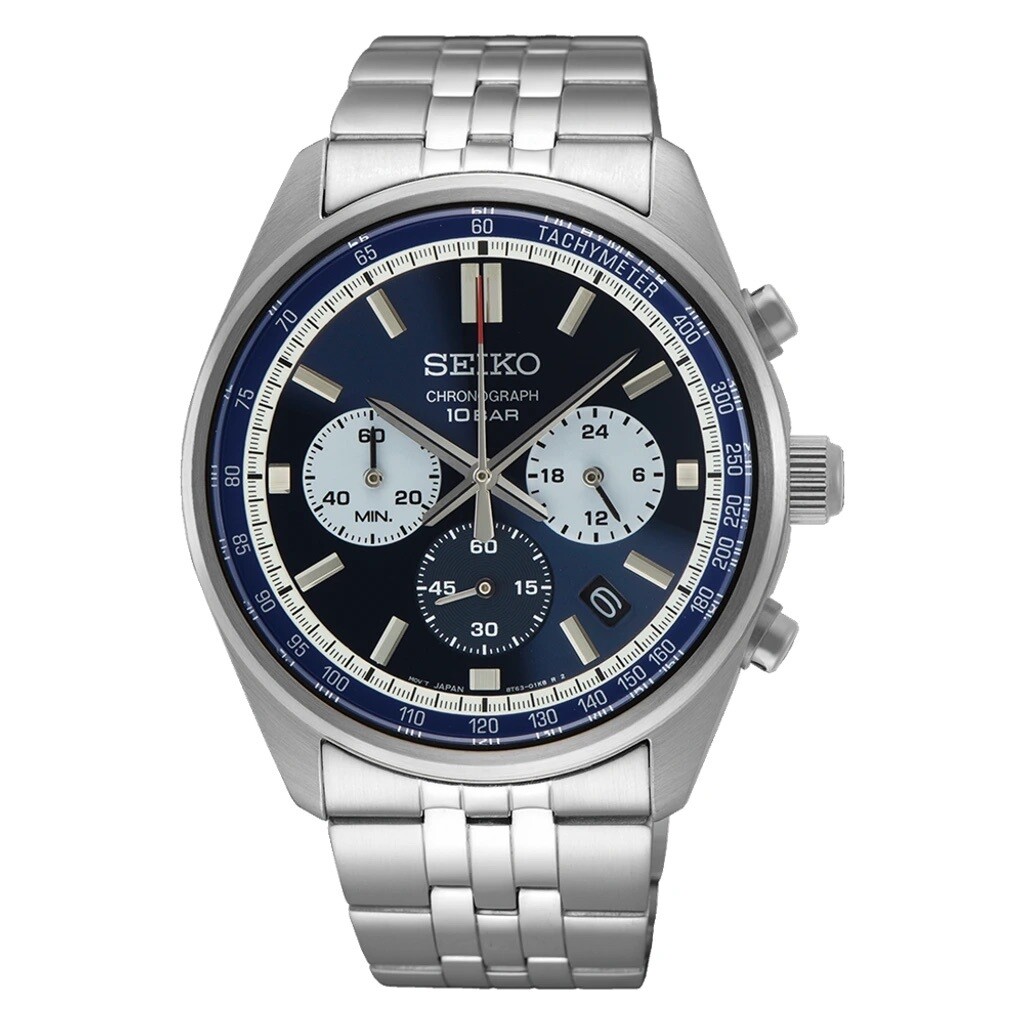 men's sports watch Seiko Chronograph SSB427P1 41.5mm 100m WR crystal Hardlex steel strap