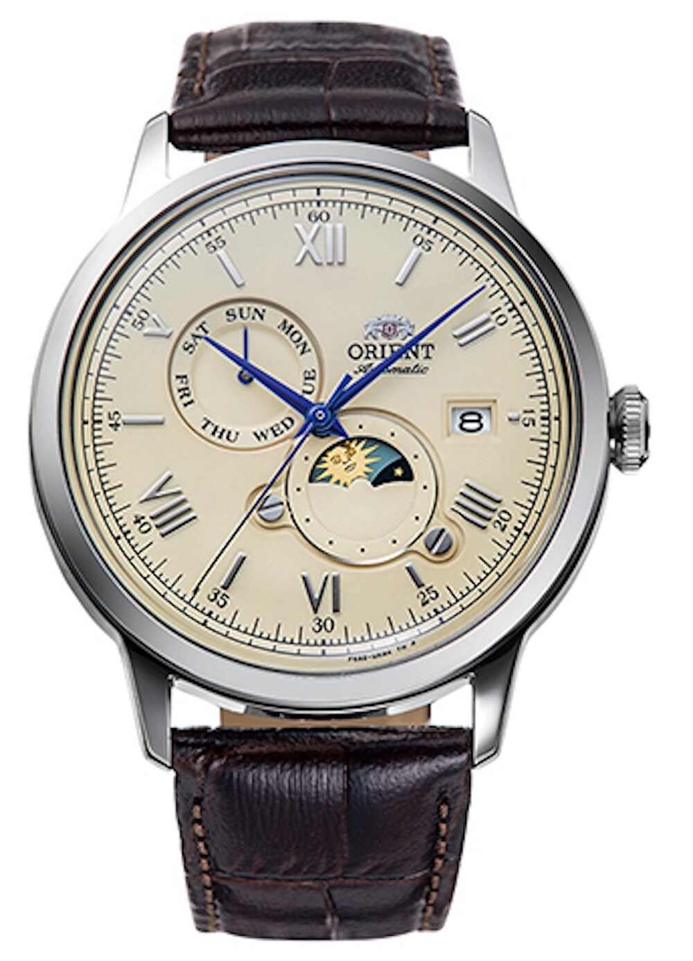 men's automatic watch Orient Bambino Sun &amp; Moon RA-AK0803Y 41.5mm beige dial leather strap (can be manually wound)