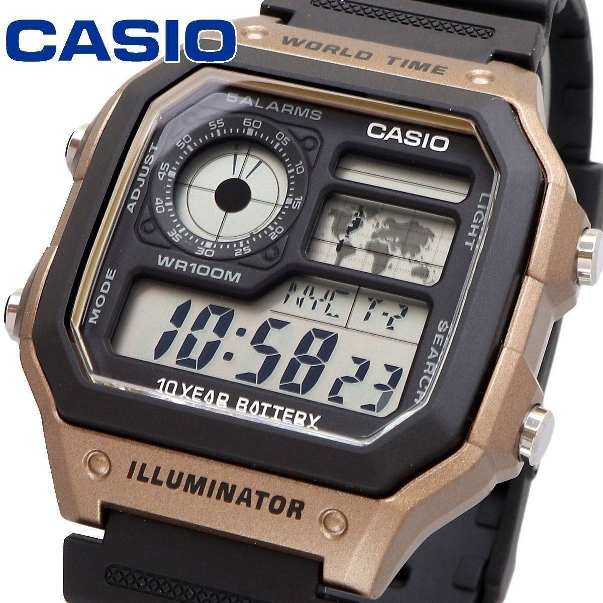 Casio AE-1200WH-5AV 42.1mm 100m WR 10 years battery World Time Dual Time 5 Alarms Illuminator Resin strap