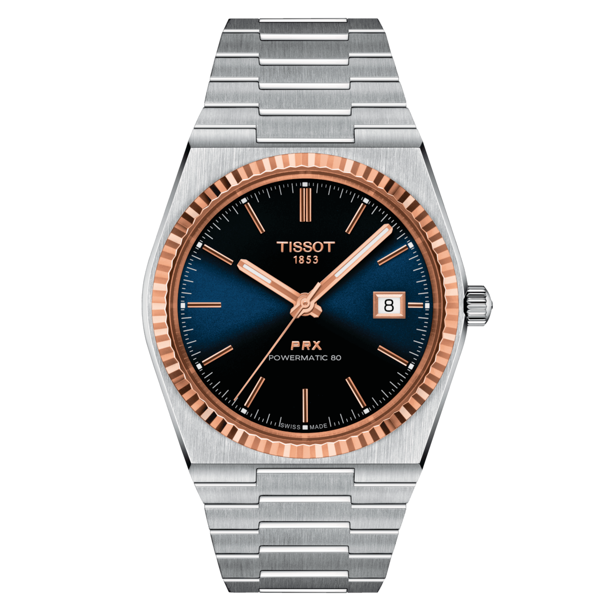 automatic men's watch Tissot PRX Powermatic 80 T931.407.41.041.00 ​ Steel and Gold 18K Bezel 40mm sapphire crystal steel strap 80h power reserve