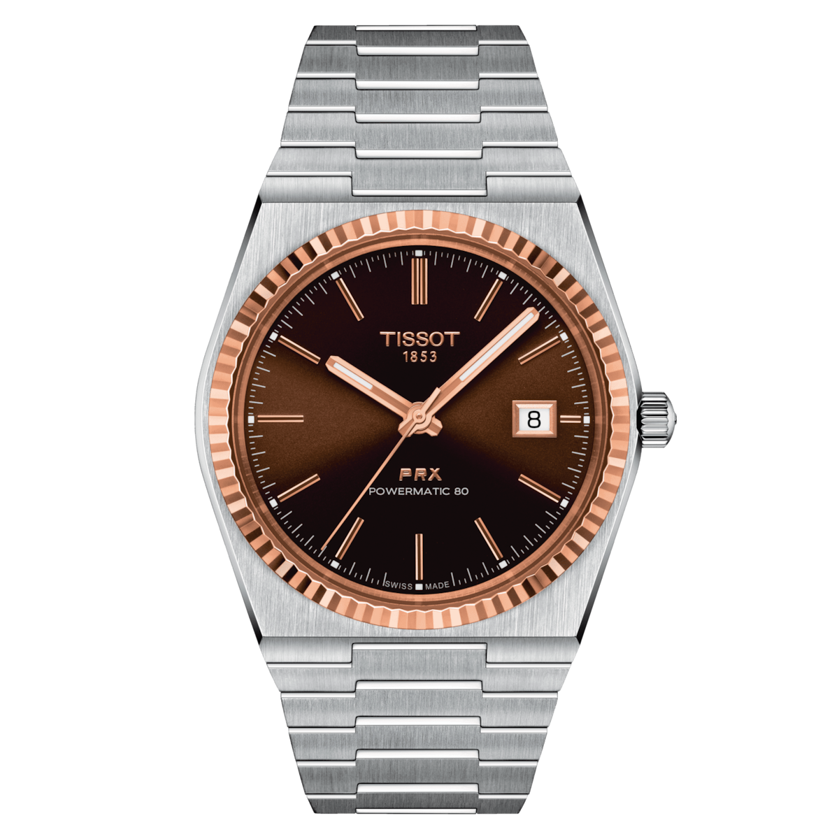automatic men's watch TISSOT PRX POWERMATIC 80 STEEL AND 18K GOLD BEZEL T931.407.41.291.00 sapphire crystal 80h power reserve stainless steel strap