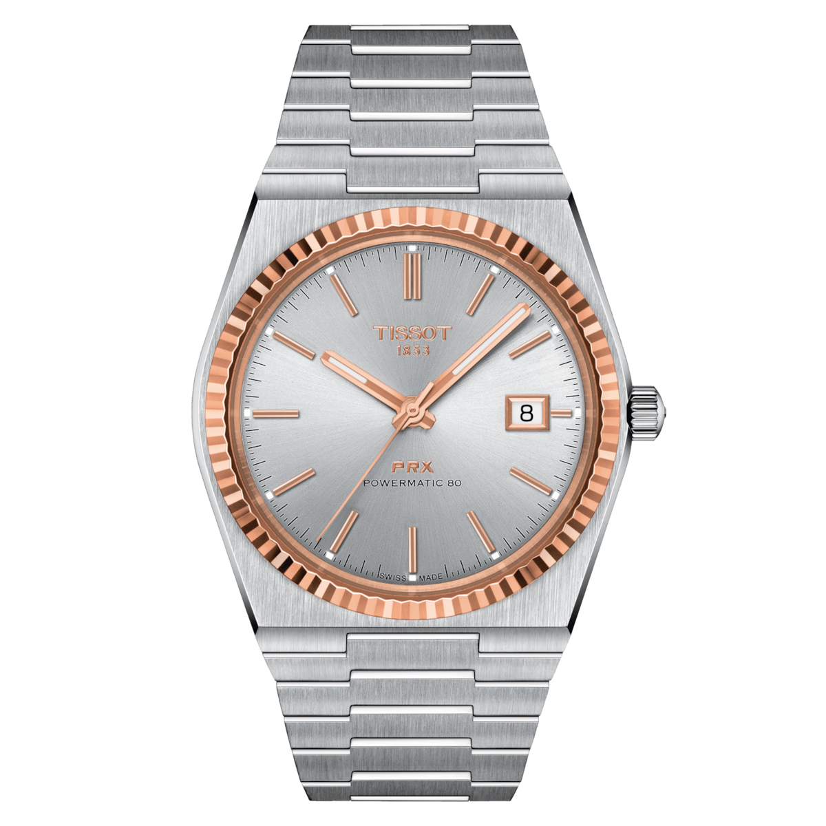automatic men's watch TISSOT PRX POWERMATIC 80 STEEL AND 18K GOLD BEVEL  T931.407.41.031.00 sapphire crystal 80h power reserve steel strap
